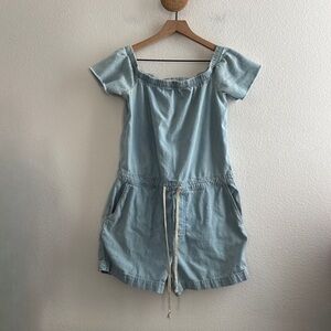 MOTHER Chambray Off the Shoulder Denim Romper